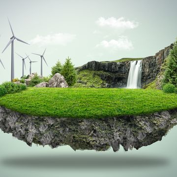 country road and green trees in summer 3d illustration of a piece of green land with wind turbine isolated, creative travel and tourism off road design solar energy advertising