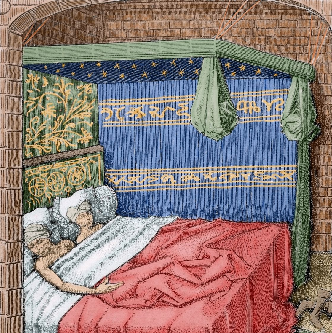 een middeleeuws koppel ligt in bed