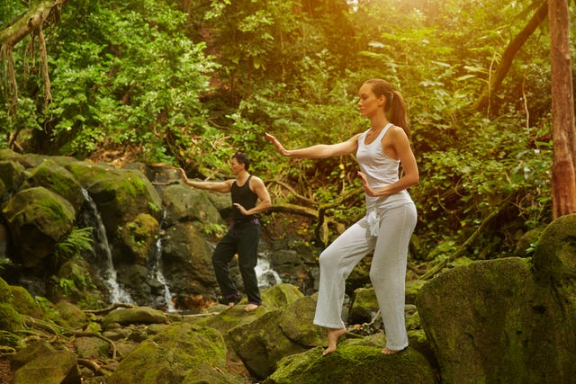 pareja practicando tai chi en el bosque