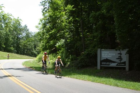 A couple riding their bikes at Blue Ridge Parkway.