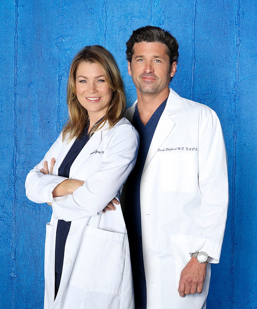 Ellen Pompeo as Dr. Meredith Grey and Patrick Dempsey as Dr. Derek Shepherd on 