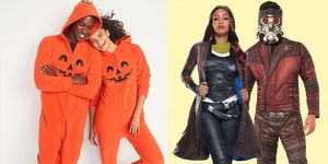couples halloween costumes where one couple dressed as jack o lanterns and the other as gamora and star lord from guardians of the galaxy
