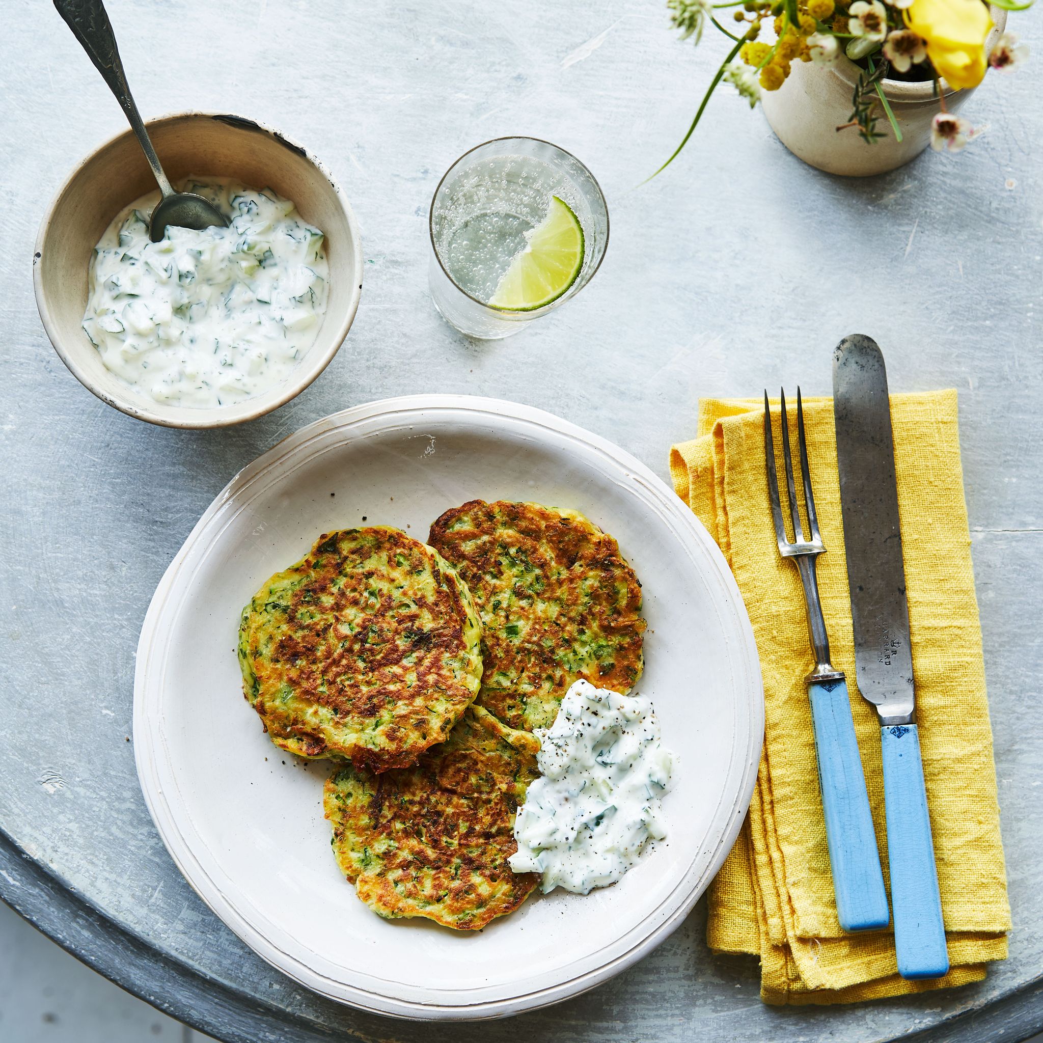 best courgette recipes courgette, mint and goats cheese fritters with tzatziki