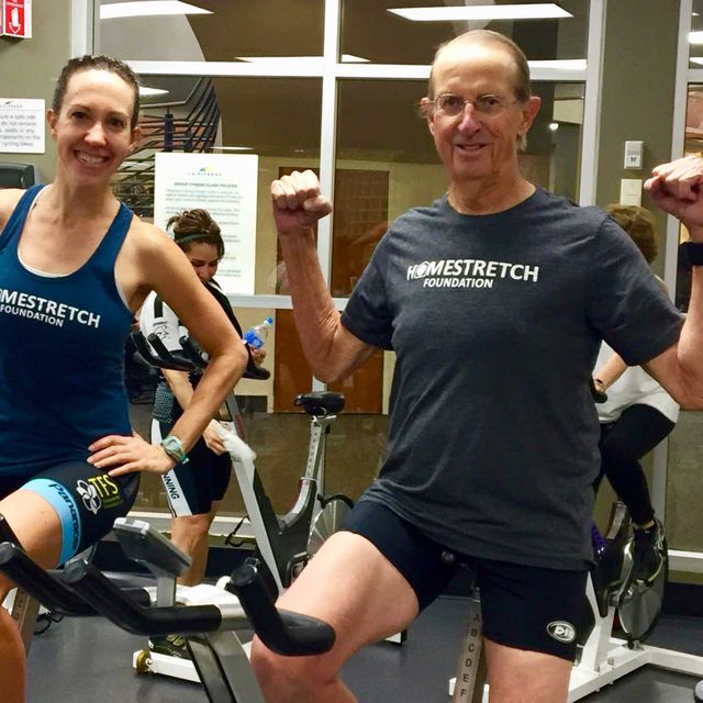 kathryn bertine and her dad at a spin class