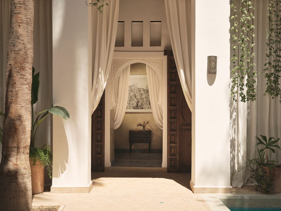 interior passageway leading to a room with a wooden door and indoor plants