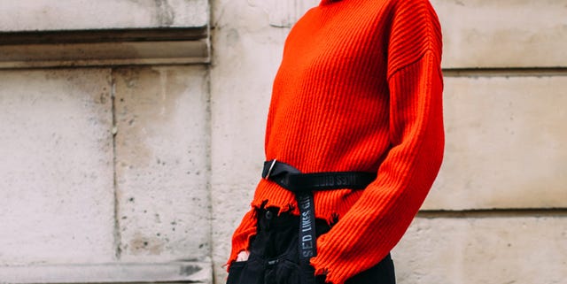 Red, Orange, Clothing, Street fashion, Fashion, Outerwear, Shoulder, Neck, Sleeve, Sweater, 