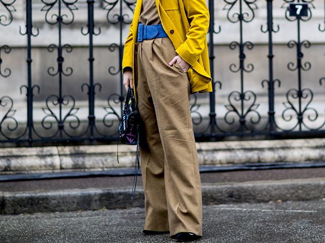 Clothing, Yellow, Street fashion, Fashion, Outerwear, Trousers, Photography, Pattern, Style, Formal wear, 