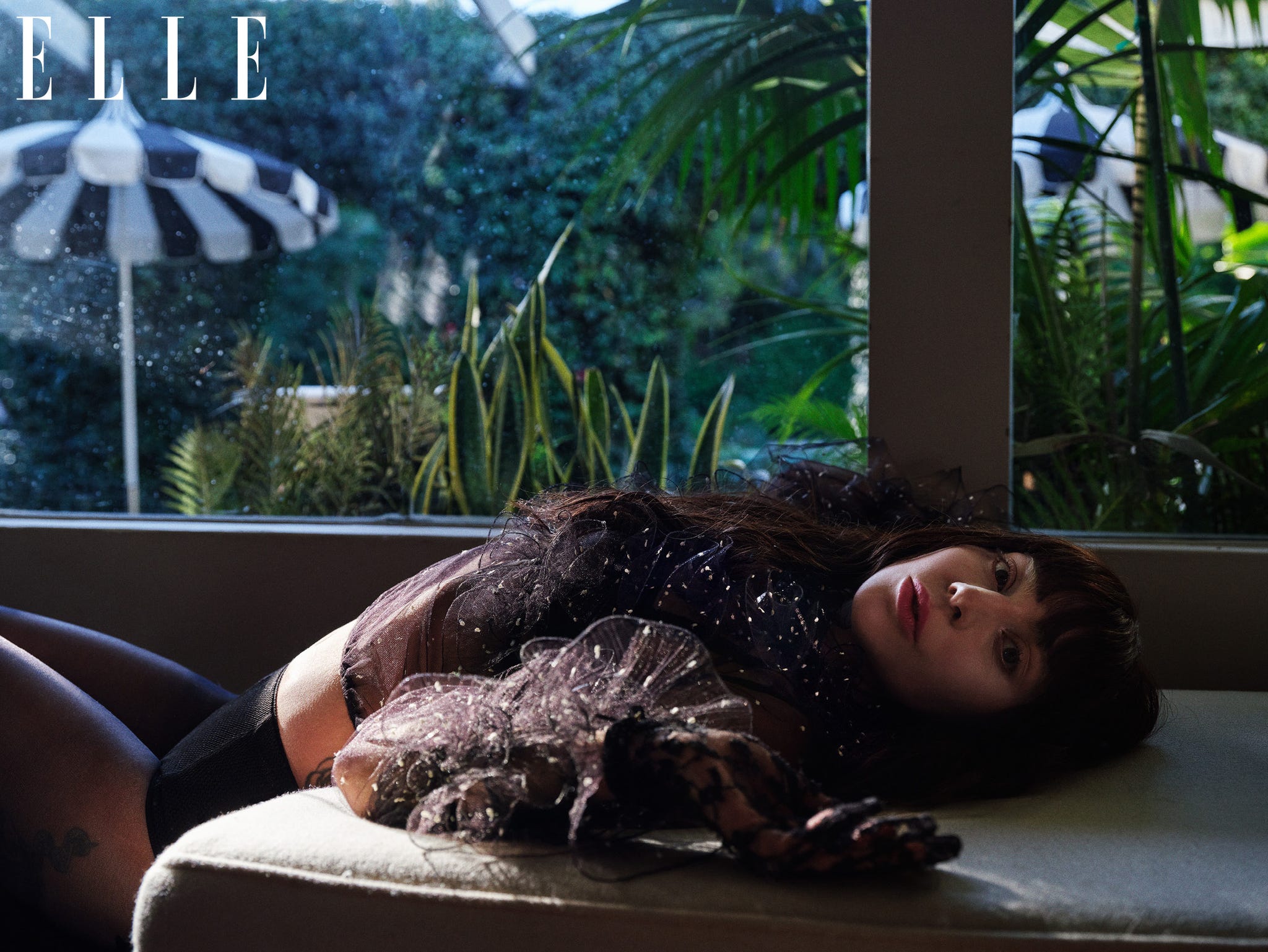 a person lounging by a window surrounded by indoor plants and an outdoor scene