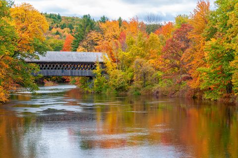 covered bridge with peak autumn color along contoocook river, new hampshire, usa