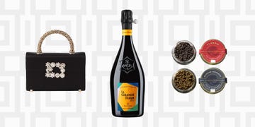 luxury items including a handbag champagne and caviar