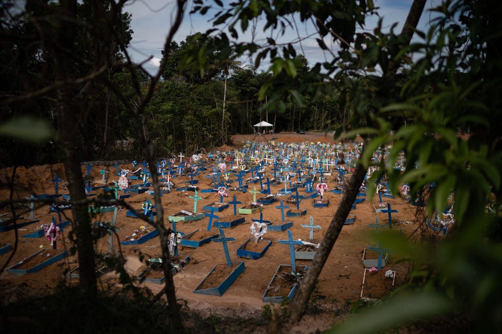 Graven voor COVID19slachtoffers vullen een nieuw gedeelte van de begraafplaats Nossa Senhora Aparecida in Manaus In de deelstaat zijn 100000 COVID19gevallen en 3500 sterfgevallen als gevolg van de ziekte vastgesteld Het aantal nieuwe besmettingen begint zich nu te stabiliseren