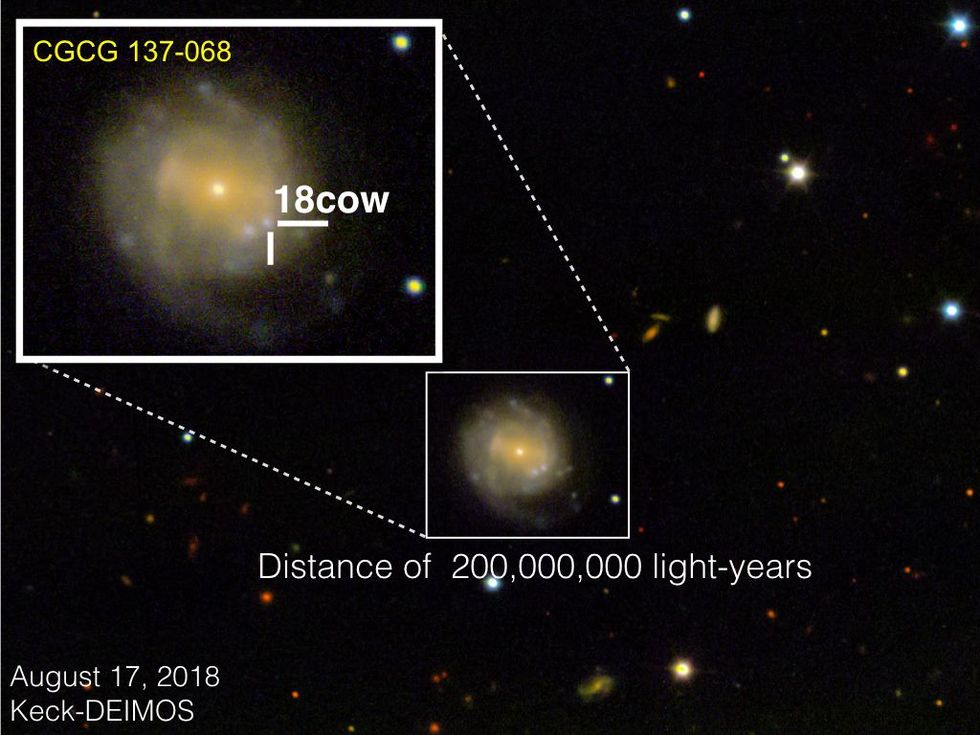 Op 17 augustus 2018 nam het DEIMOSinstrument van het WM Keck Observatory op Hawa deze opname van AT2018cow en het sterrenstelsel waarin het zich bevindt