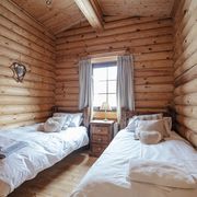 separate beds in a cozy cabin bedroom