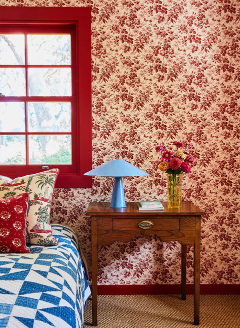 cozy red and blue bedroom