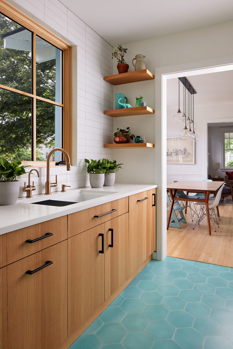 modern kitchen with wooden cabinets sink and decorative plants