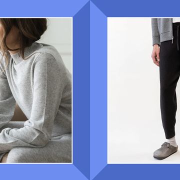 woman wearing cashmere pullover and man wearing cashmere joggers