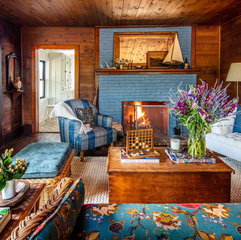 1910 bungalow with a cozy blue and wood living room