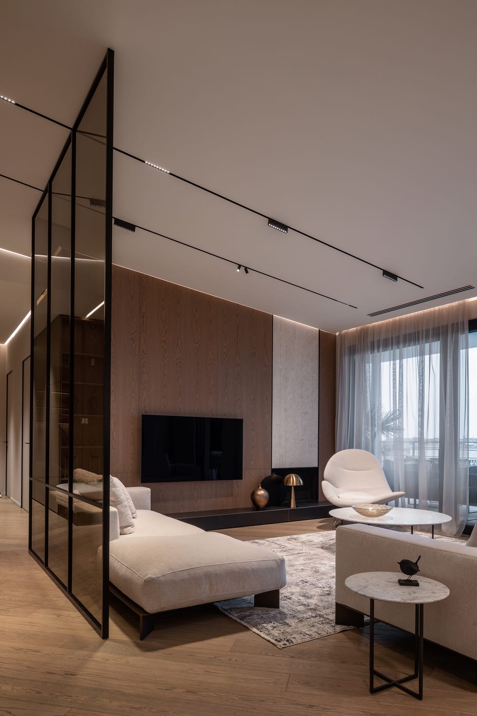 cozy modern living room separated with dark glass