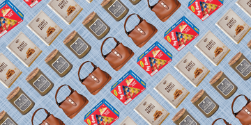 blue background with items sold by cracker barrel such as a candle, brown purse, peanut brittle, and a peg game