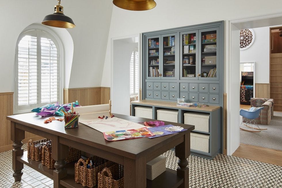Room, Interior design, Furniture, Table, Wall, Interior design, Light fixture, Flooring, Lampshade, Teal, 