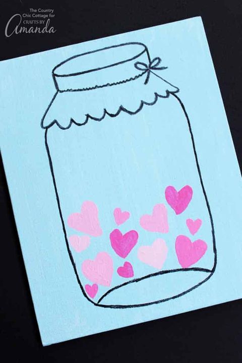 drawing of an outline of a mason jar filled with pink valentine's hearts