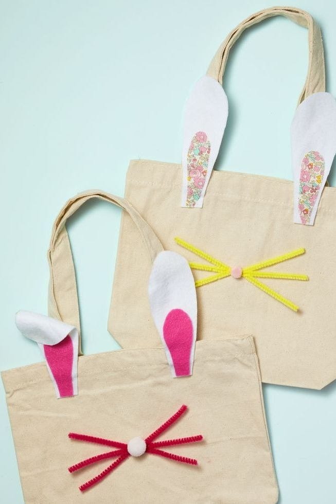 crafts for kids bunny bags crafts for kids, two tote bags with bunny ears, noses and whiskers