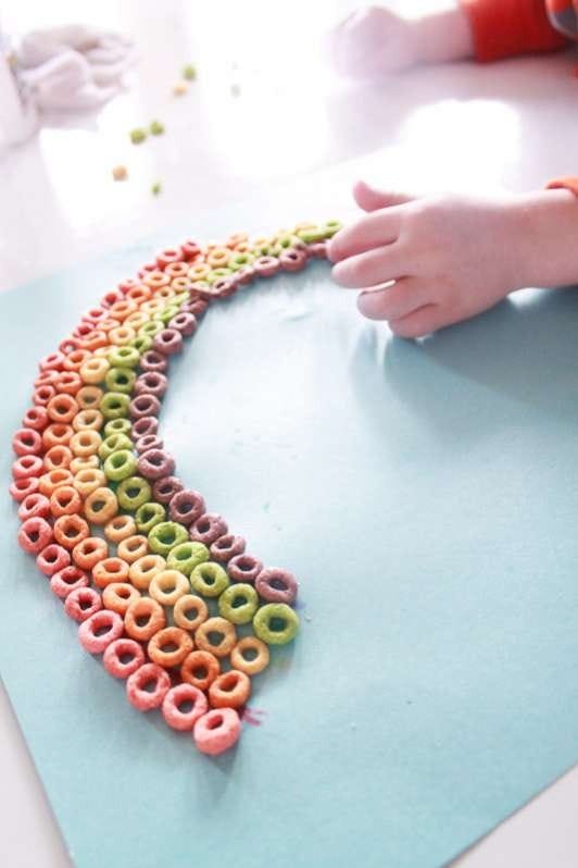 crafts for kids, fruit loops rainbow craft crafts for kids, child's hand making a fruit loops rainbow