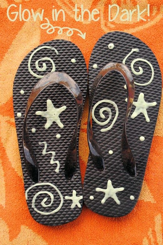 crafts for kids, black flip flops painted in glow in the dark paint