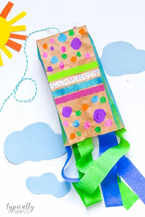 crafts for kids, colorfully painted paper bag kite