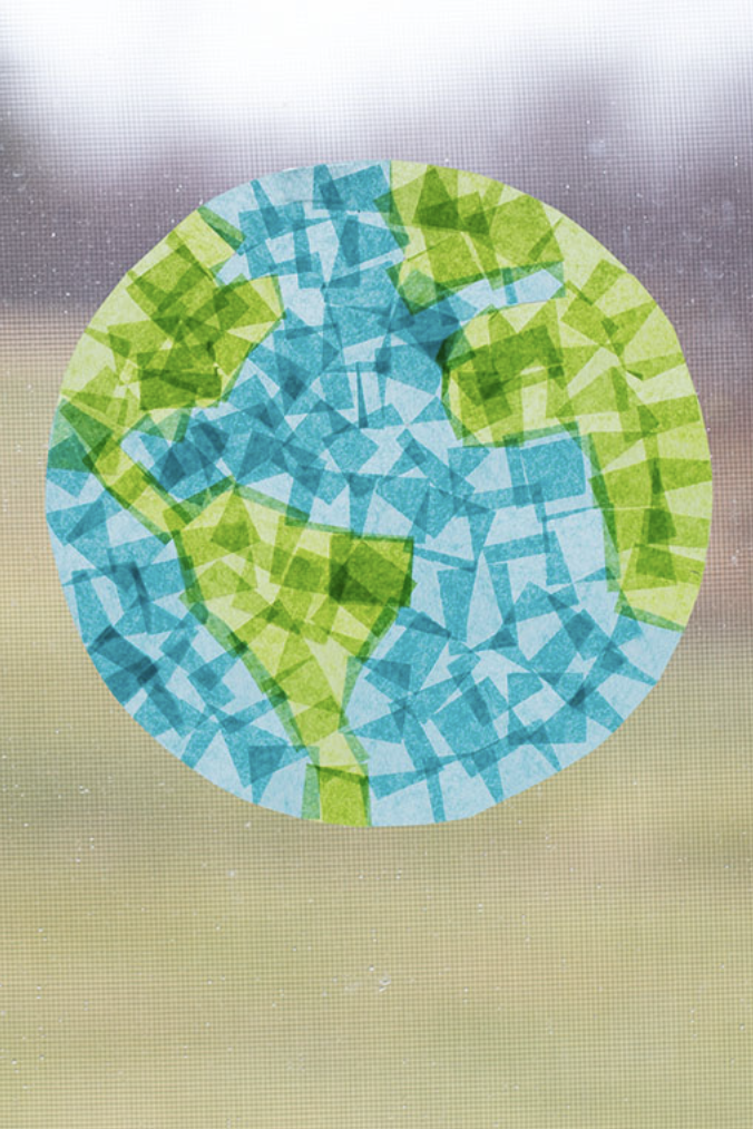 crafts for kids, earth shaped suncatcher made of blue and green tissue paper