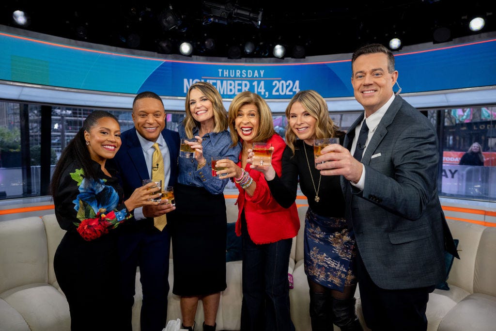 sheinelle jones, craig melvin, savannah guthrie, hoda kotb, jenna bush hager and carson daly on thursday, november 14, 2024