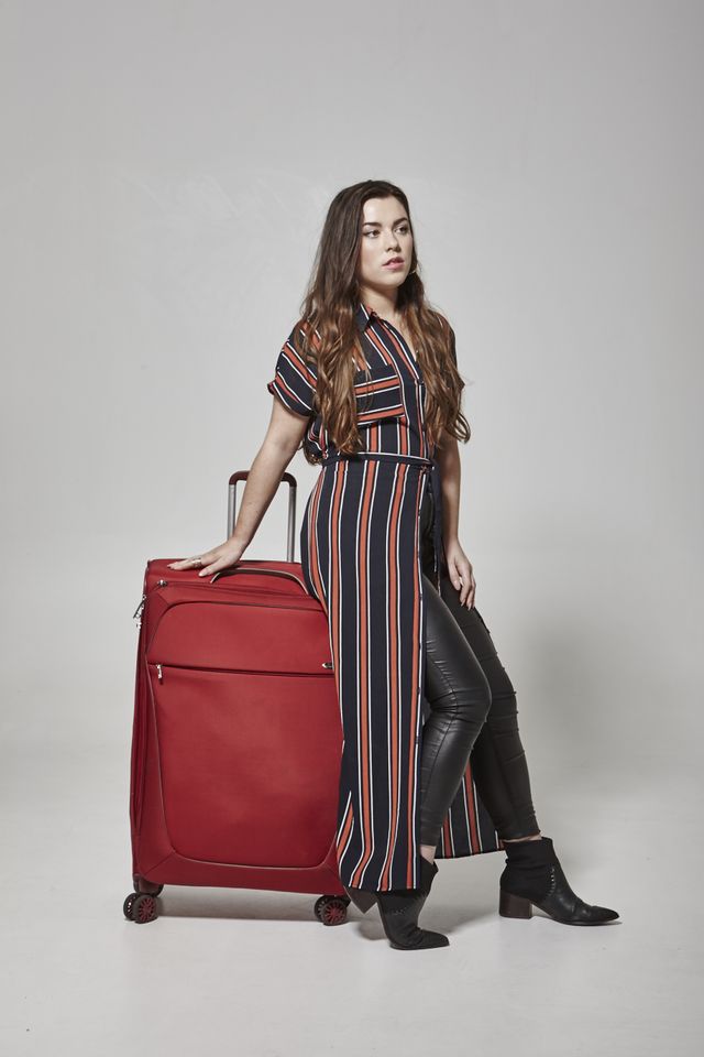 Brown, Shoulder, Joint, Dress, Bag, Style, Sitting, Luggage and bags, Fashion, One-piece garment, 