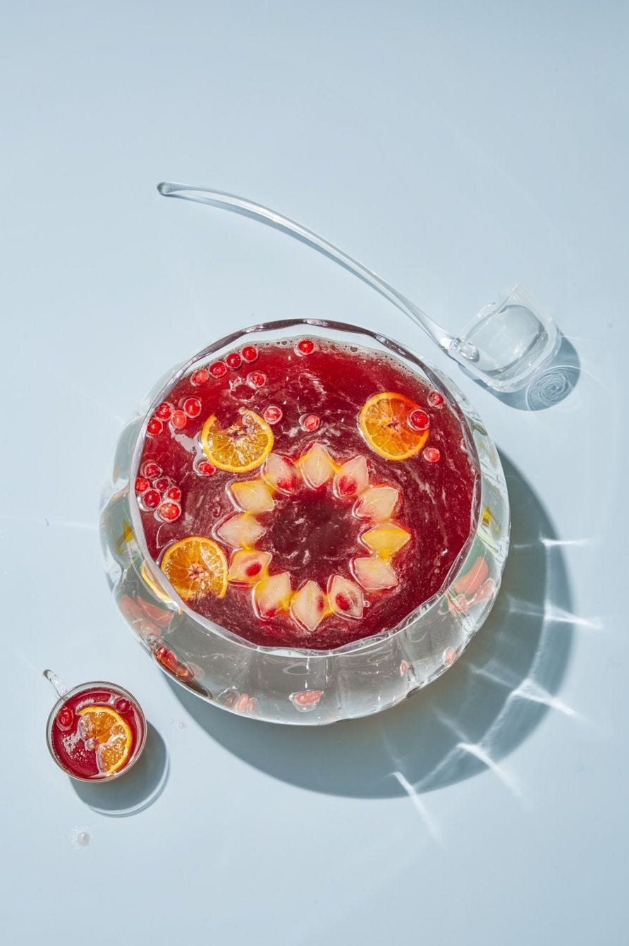 a punch bowl of alcoholic cranberry punch