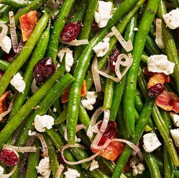 roasted green beans with bacon, shallots, and pieces of feta