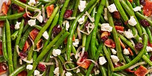 roasted green beans with bacon, shallots, and pieces of feta