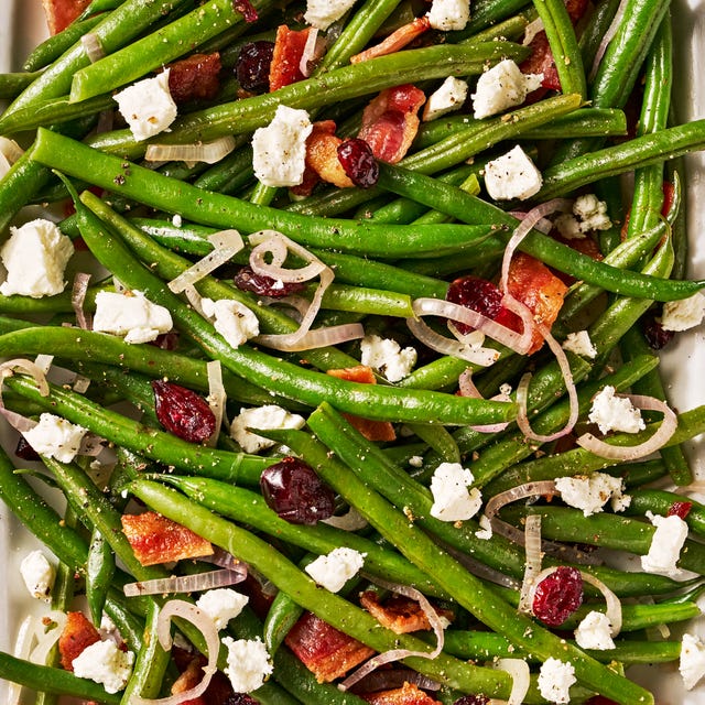 roasted green beans with bacon, shallots, and pieces of feta