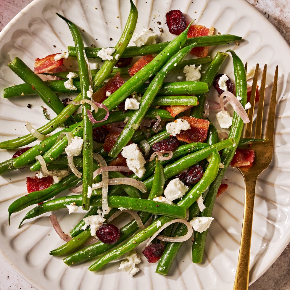 roasted green beans with bacon, shallots, and pieces of feta