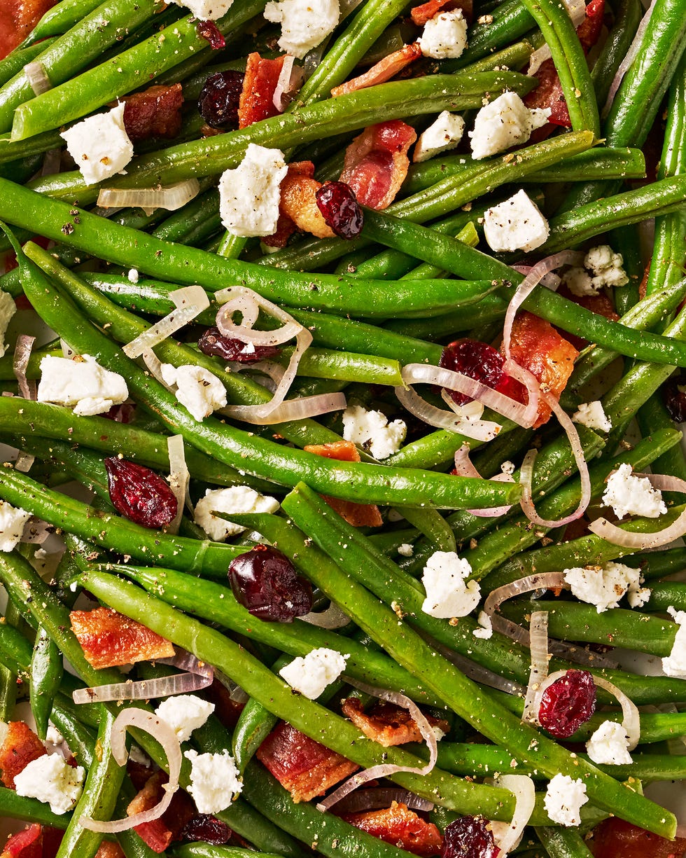 roasted green beans with bacon, shallots, and pieces of feta