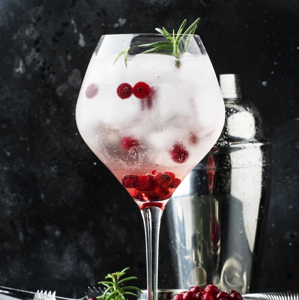 cranberry cocktail with ice, fresh rosemary and red berries in b