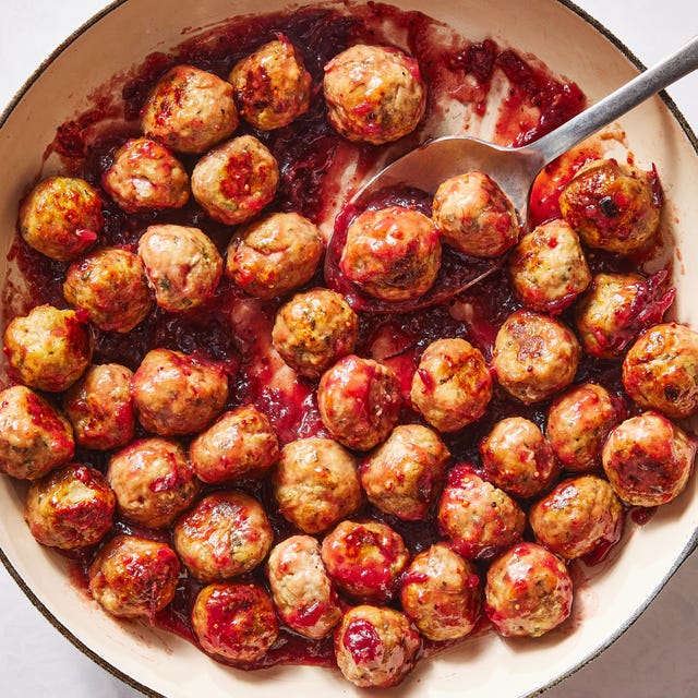 Cranberry-Glazed Turkey Meatballs turkey meatballs covered in a red cranberry glaze