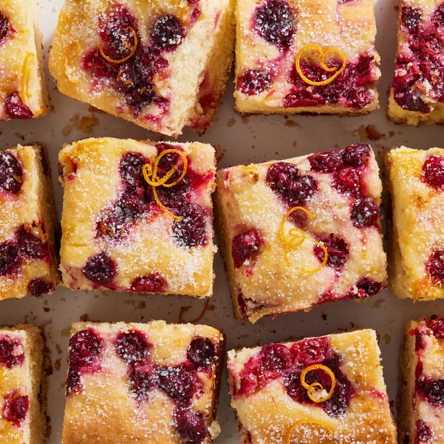 cranberry mimosa breakfast cake with orange zest and sugar