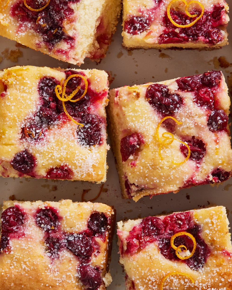 cranberry mimosa breakfast cake with orange zest and sugar