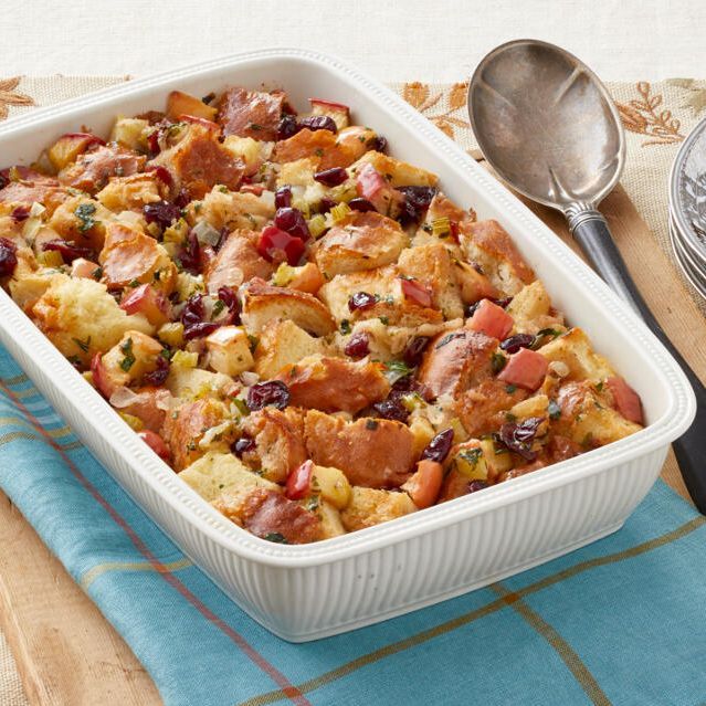 apple cranberry stuffing in white baking dish