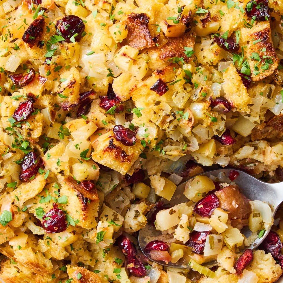 stuffing in a casserole dish with cranberries