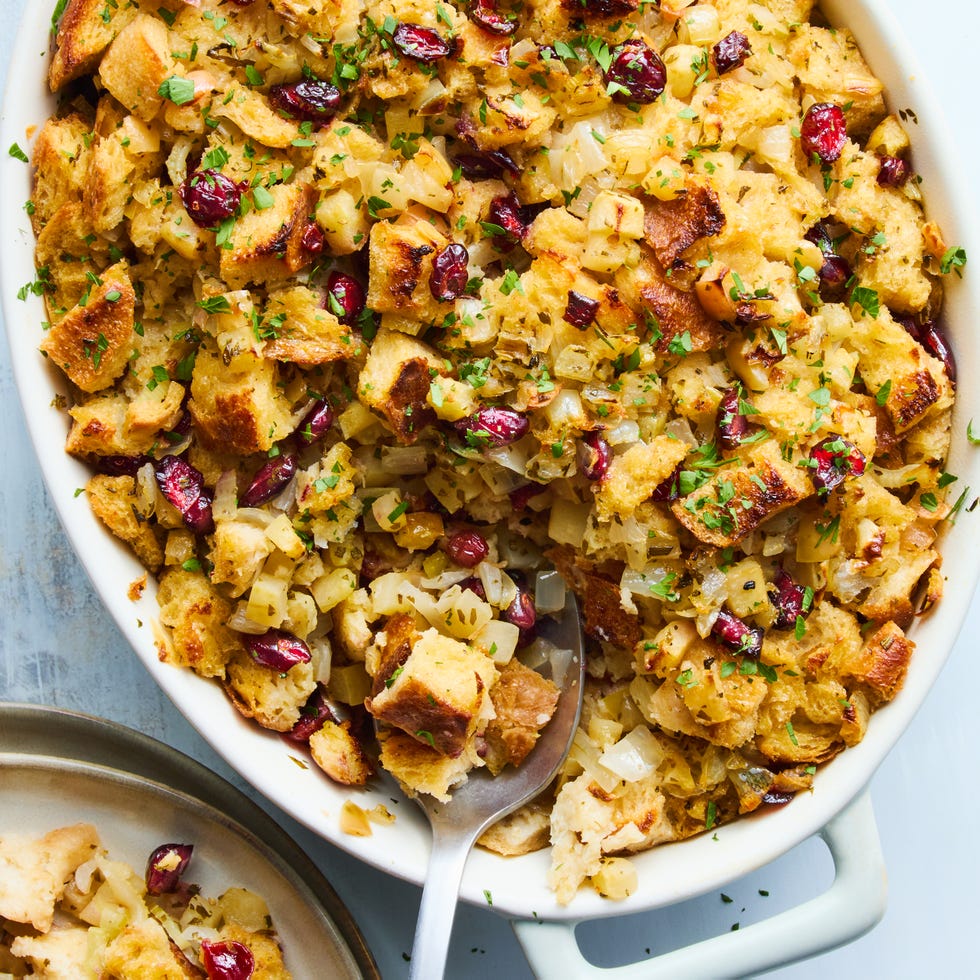 stuffing in a casserole dish with cranberries