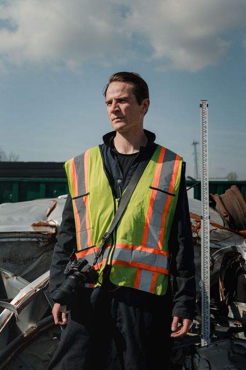 shawn harrington stands for a portrait at an inspection in conshohocken, pa, on friday april 22, 2022 harrington is the founder and owner of forensic rock, a crash deconstructionist firm, that analyzes and inspects vehicle crashes and accidents