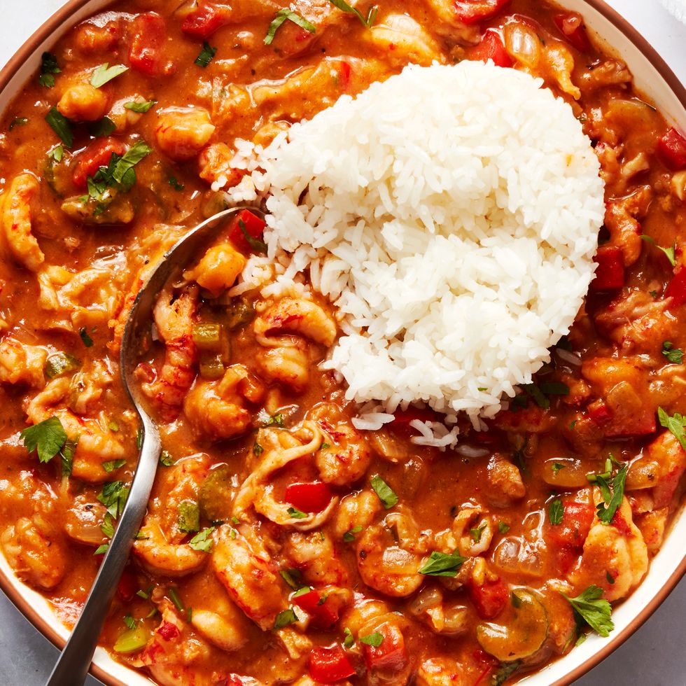 crawfish étouffée served with white rice and parsley