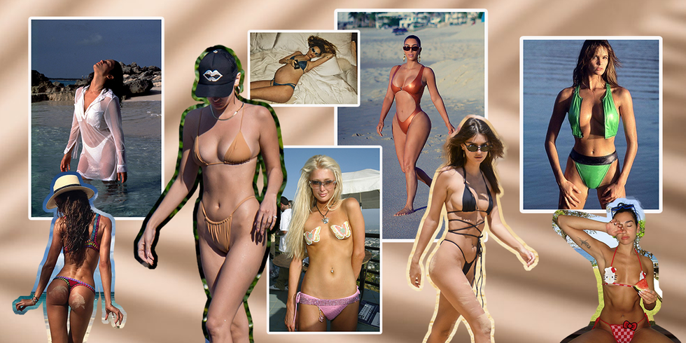 a collage of a woman in a swimsuit