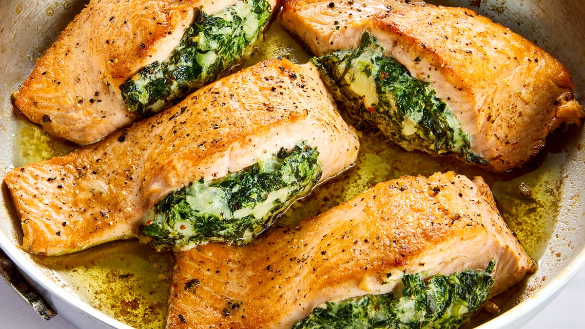Best Feta, Spinach & Tomato Stuffed Salmon Recipe - How To Make Stuffed