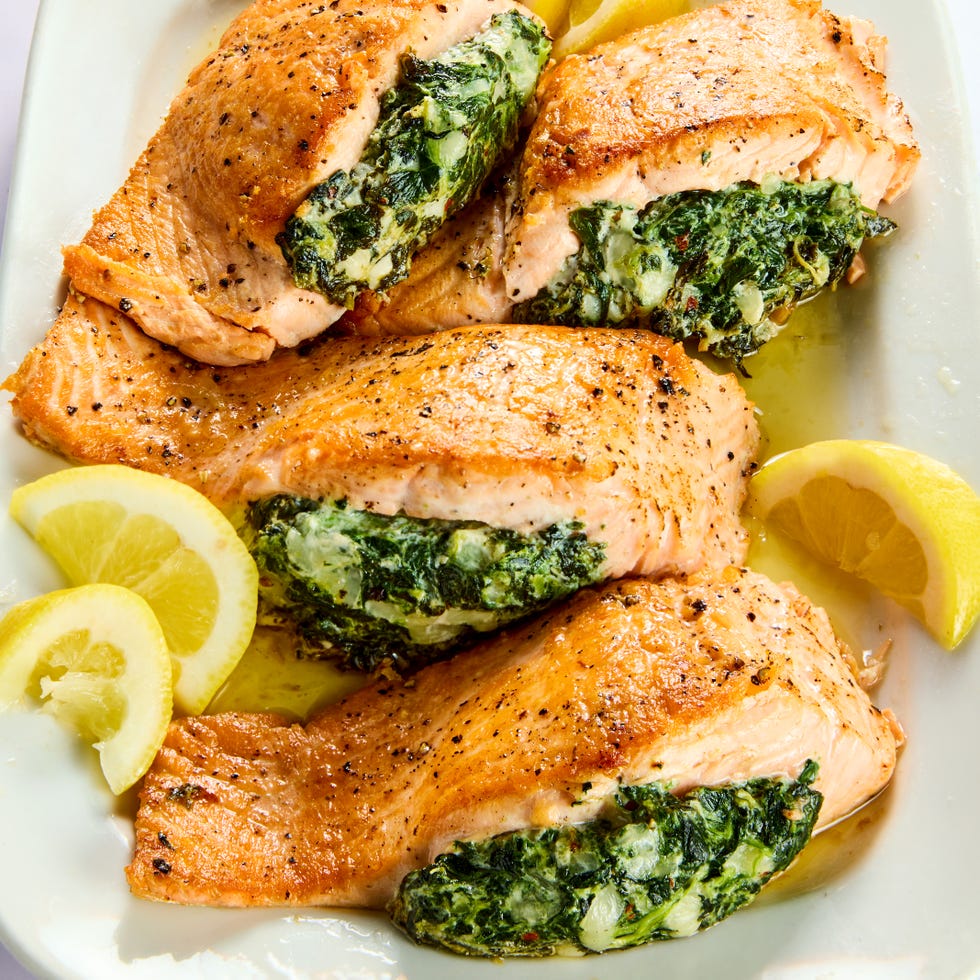 Salmon stuffed with creamed spinach and lemon